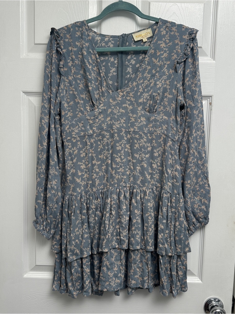 Rebellion Dusty Blue Floral Tiered Long-Sleeve Dress